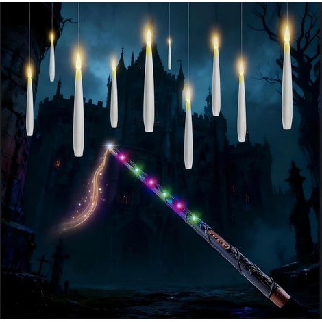 10 Stück LED Schwebende Kerzen mit Zauberstab Fernsteuerung, 2 Timer Funktionen, Batteriebetrieben, LED Hängende Flackernde Floating Candles für Halloween Deko Weihnachtsdekoration (1/5)
