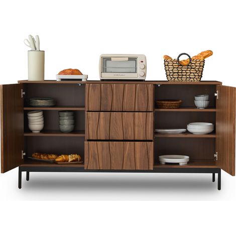 Buffet 150 cm design rainuré, 3 tiroirs, 2 étagères réglables, portes push-to-open, pieds métal noir, meuble de rangement pour cuisine, salon  CHICFURN (1/5)