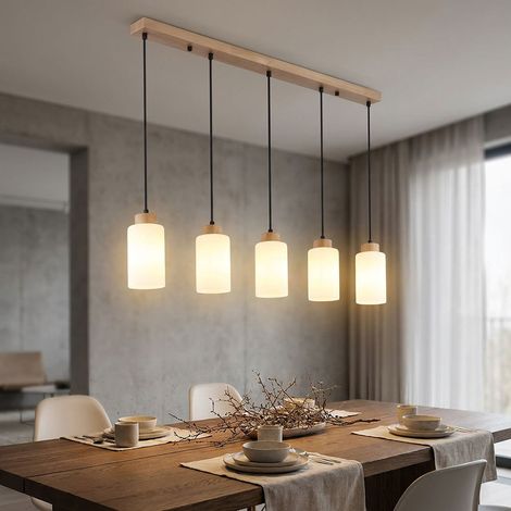 Hängeleuchte Pendelleuchte Deckenleuchte Holz braun Glas opal 5-flammig H 120 cm