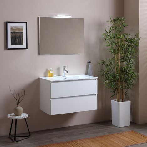 Mueble De Baño Suspendido 80 Cm Con Cajones Y Lavabo De Cerámica Blanco Madera Berlin (1/5)