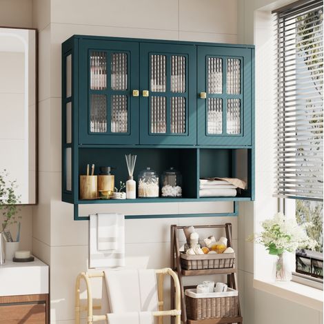 Armoire de salle de bain murale 3 portes en MDF et verre trempé, vert foncé, 88 x 26 x 82,5 cm (1/5)