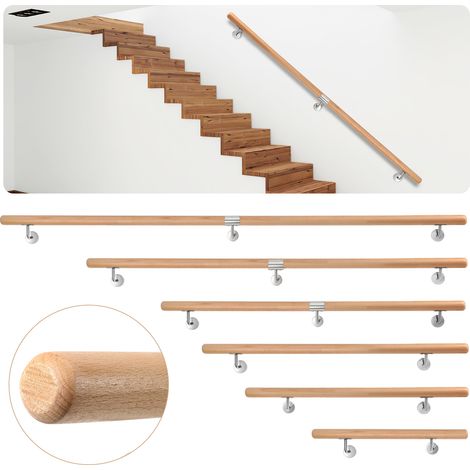 TolleTour Barandilla de pared de haya 120 cm, pasamanos antideslizante Ø4,2 cm con soportes inox, para niños mayores (1/5)