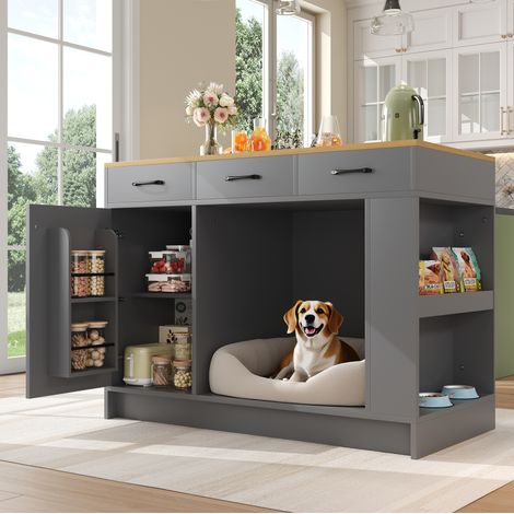 Isola da cucina 120x60x90 cm naturale e grigio in MDF con 3 cassetti, ripiano regolabile e spazio per animali (1/5)