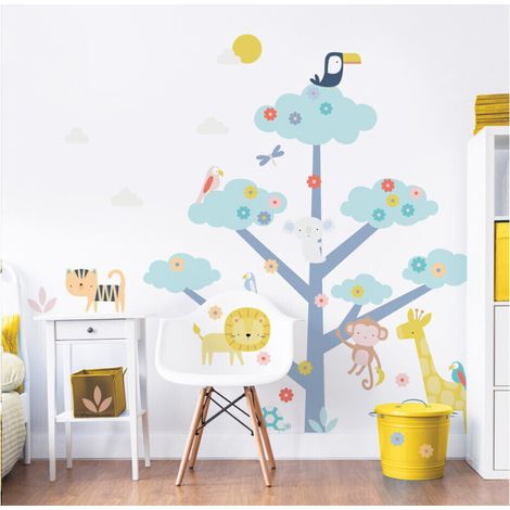 Sticker geant Arbre et Animaux de la jungle avec girafe, éléphant, lion, singe, et oiseaux 152cm (1/5)