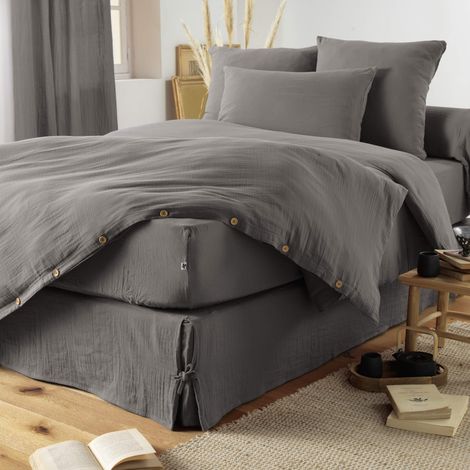 Housse de couette double gaze de coton gris anthracite 140x200 cm