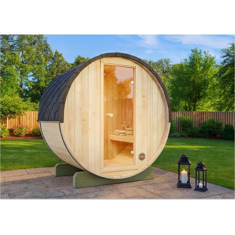 Sauna tonneau mini XXS – Épaisseur de paroi 42 mm – Dimensions 199 x 130 cm – Banc en épicéa nordique – Pour 2 personnes – Finntherm