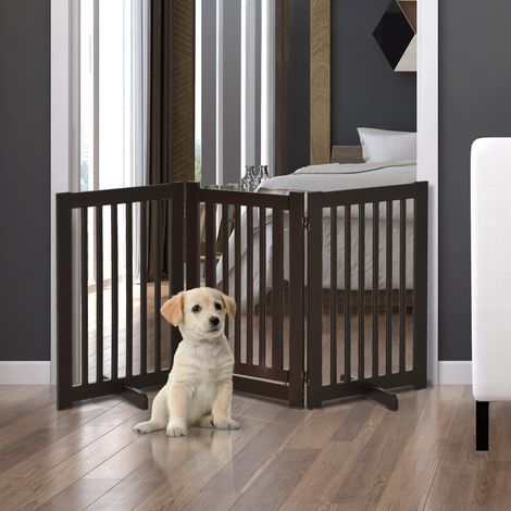 Barrera de seguridad para perros (155x1.5x76 cm), independiente, plegable, con puerta central, MDF, marrón oscuro (1/5)
