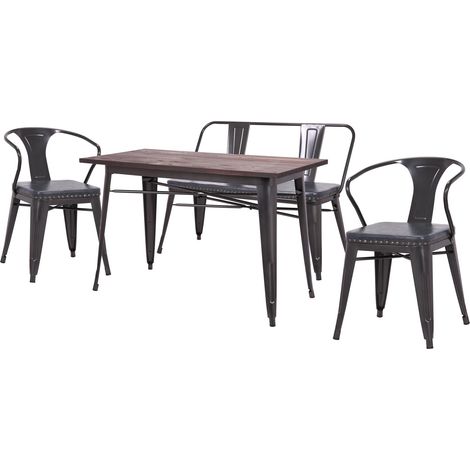Esszimmer-Set HHG-484, 2xEsszimmerstuhl Sitzbank Esszimmertisch Kunstleder Ulme Holz MVG Industrial Gastronomie grau