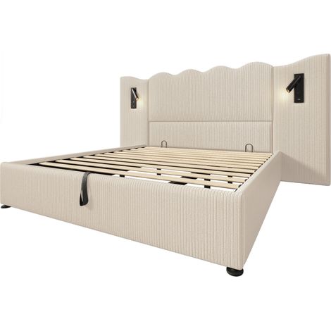 Cama doble 180x200 de terciopelo beige con lámpara de lectura USB-C y almacenaje (1/5)