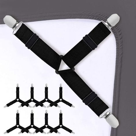8 pièces Bretelles réglables pour Drap de lit Triangle Élastique Sangles de Drap de lit（noir） (1/4)
