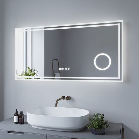 LED Badspiegel mit Beleuchtung Touch Sensor Wandspiegel Lichtspiegel Badezimmerspiegel 120x60cm Kosmetikspiegel mit Digital Uhr Dimmbar Spiegelheizung Kaltweiß 6400K AQUALAVOS ESSENS Typ-D 2 Led-strei (1/5)