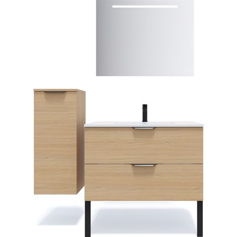 Meuble de salle de bain suspendu vasque intégrée 90cm 2 tiroirs Chêne clair + miroir + colonne ouverture gauche - Soho (1/5)