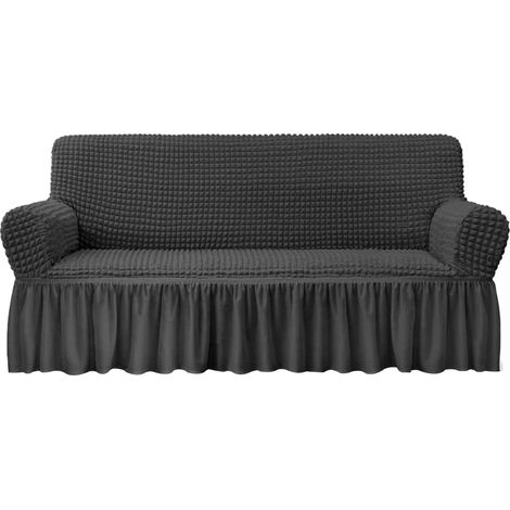 Universal sofa cover with skirt - Fitted sofa cover for 3-seater sofas - Durable, high-elasticity, washable seersucker fabric with skirt - Country style (size L, dark grey) (1/5)