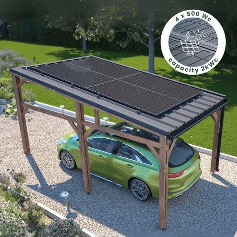 Cerland – Carport solaire en bois traité autoclave 15,5 m² – Kit solaire 2 kWc inclus – Largeur 277 cm – Longueur 500 cm – Hauteur 226-280 cm