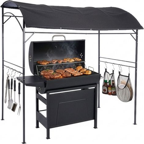 Pavillon barbecue Relaxdays, HxLxP: 220 x 220 x 150 cm, 8 crochets, métal, polyester, abri barbecue jardin, anthracite
