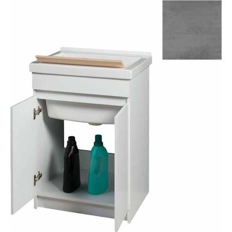 Mobile Lavatoio in Ceramica 2 Ante con Strofinatoio in Legno Massello 60x50x86A cm Grigio Cemento (1/5)