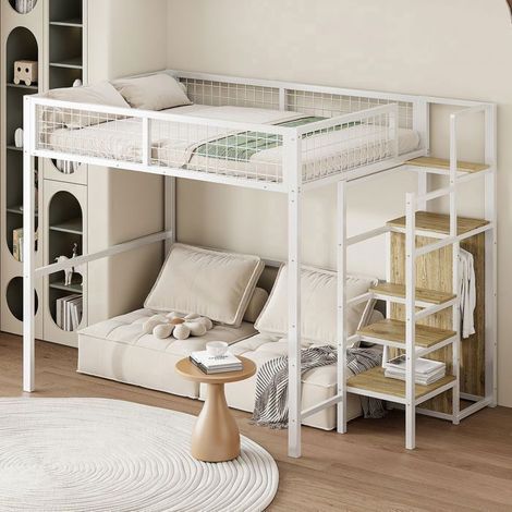 Lit Mezzanine 140x200 cm Métal Blanc avec Armoire et Échelle Rangement - lit 2 places - Garde-Corps en Maille Gain Espace Ados (1/5)