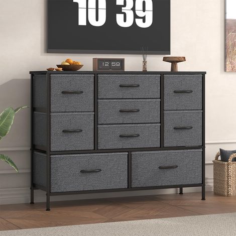 Kommode, Schrank, 9 Stoffkommode mit Metallrahmen und MDF-Holzplatte, verstellbare Füße, Kippsicherung, Aufbewahrungsschrank für Schlafzimmer, Wohnzimmer, Kleiderschrank, Dunkelgrau (1/5)