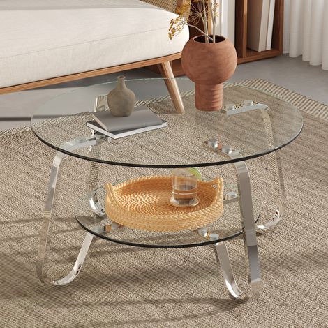 Table basse à cadre métallique rétro minimaliste en verre trempé double couche, apporte une touche d'élégance à votre salon rapide (1/5)