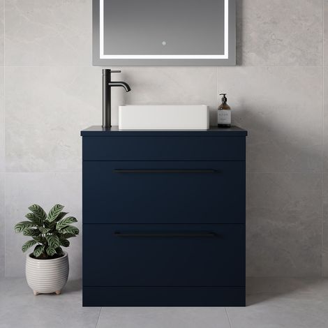 Napoli 390 Deep Blue 800mm 2 Drawer Vanity Unit for Countertop Basins - 800mm - Matt Black 480mm Handle