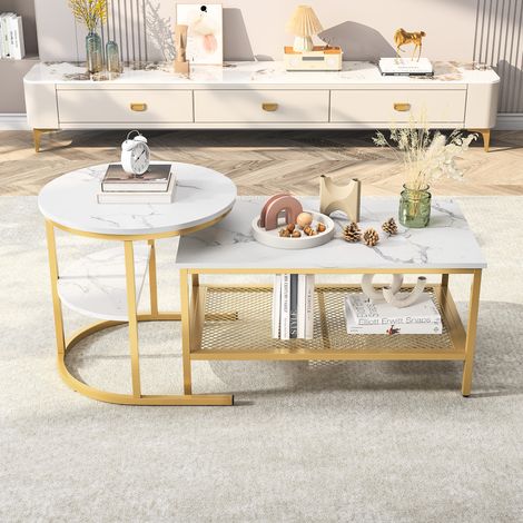 Set di tavolini da salotto impilabili stile lusso leggero oro con piano effetto marmo (1/5)