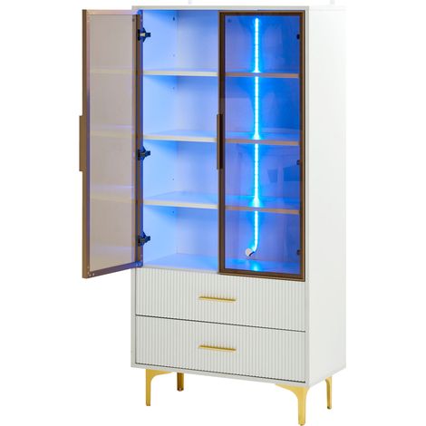 Ensemble de salon moderne: deux vitrines en verre blanches avec éclairage LED et étagères réglables, finition platine - vitrines hautes pour salon, bahuts, vitrines sur pied, vitrines