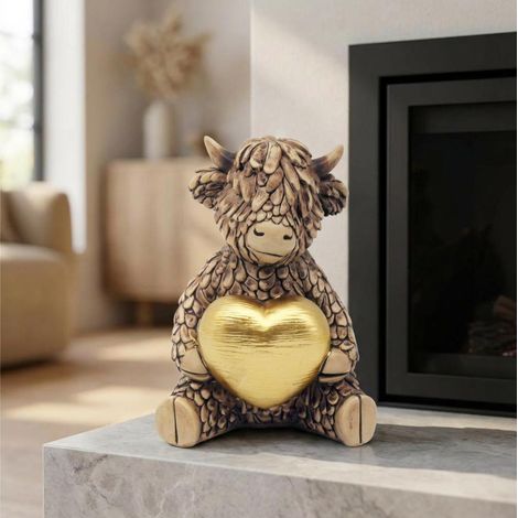 Hughie Highland Cow Gold Heart Ornament (1/2)