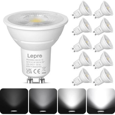 Ampoule LED GU10 Dimmable, 4,5W Équivalent 50W, Blanc Froid 6500K, 345lm, Faisceau Étroit 38°, Lampe Intensité Variable 220-240V, Lot de 10