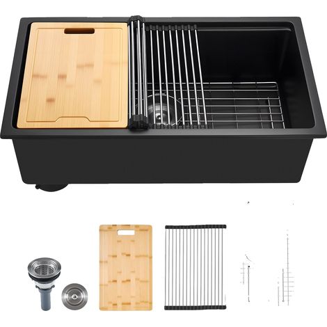 Fregadero de cocina de 76 cm, de granito para instalación bajo encimera, de un solo seno, con accesorios, color negro, 762 x 457 x 230 mm. (1/2)