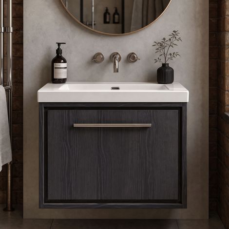 Hudson Reed Lille Wall Hung 1-Drawer Vanity Unit with 0TH Contemporary Basin 600mm Wide - Graphite Grey Woodgrain (1/5)