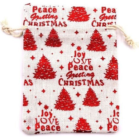 Sacs en lin, lot de 10, sacs en jute avec cordon de serrage, imprimé Motif de sapin de Noël, sacs cadeaux de Noël, sacs cadeaux suspendus, flocon de neige, rouge, 10×14cm (1/5)