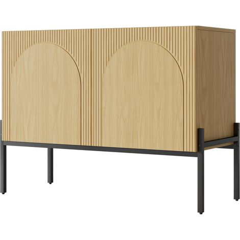 Buffet naturel en panneaux bois avec 2 portes et pieds métalliques, style moderne minimaliste, L 100 x P 40 x H 75 cm (1/5)