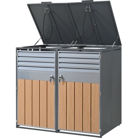 ELVMI Cobertizo para Cubos de Basura Doble con Tapas Hidráulicas, Puertas con Cerradura, Acero Gris Aspecto Madera (1/5)
