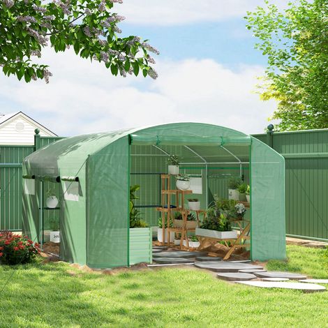 Invernadero de Túnel 4x3x2 m con 6 Ventanas 3 Puertas Enrollables Cubierta de PE y Estructura de Acero Galvanizado Verde (1/5)