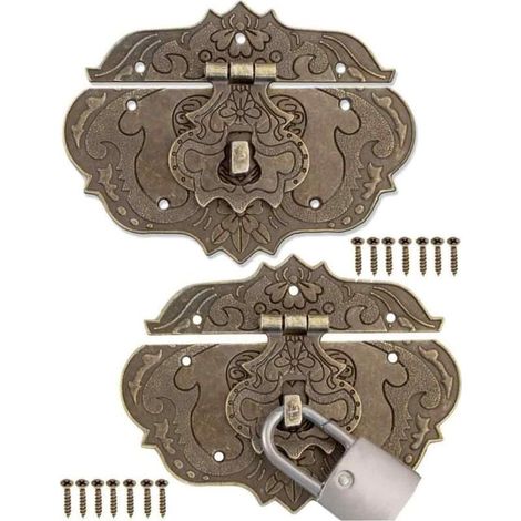 Lot de 2 fermetures antiques, design bronze fer, fermoirs de meubles, ferrures pour cadenas de rideaux, coffres et caisses, curseurs, 95 x 73 mm avec vis (1/5)