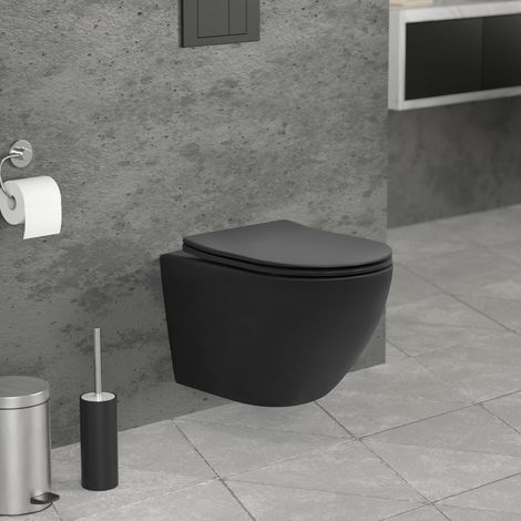 ECD Germany WC Sospeso Corto 49 cm Senza Brida Nero Opaco con Sedile Rimovibile in Duroplast con Chiusura Rallentata Ammortizzata Tavoletta Coprivaso Soft-Close Sanitari Bagno in Ceramica (1/5)