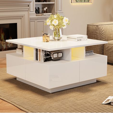 Couchtisch 70 x 70 x 40 cm, mit LED Licht, 4 Schubladen, Hochglanz, Spanplatte, Weiß (1/5)