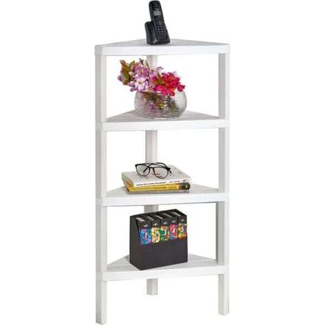 4-Tier Corner Shelf Stand with Open Slatted Shelves-White