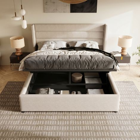 Lit coffre 160x200 cm avec sommier hydraulique et tête de lit capitonnée - Structure métal et bois - Lin - Beige