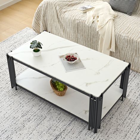 Tavolino da Salotto Rettangolare con 2 Ripiani, Gambe in Metallo, Effetto Marmo, Soggiorno, 114 × 64 × 46 cm (1/4)