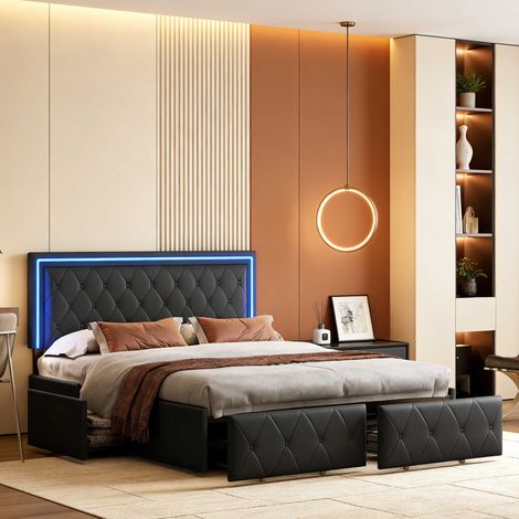 Cama canapé de 140x200 cm con cajones, estructura de cama tapizada, iluminación LED, cabecero tapizado, cama doble con somier de láminas, estilo moderno gris
