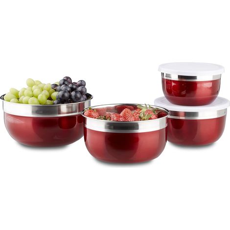 Bol mélangeur avec couvercle lot de 4 saladiers en inox plusieurs tailles HxlxP: 9 x 18,4 x 18,4 cm, rouge (1/5)