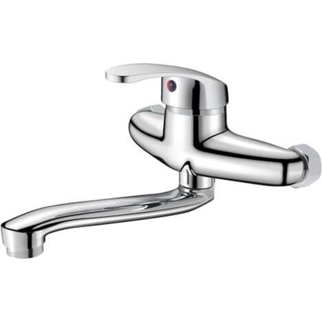 Rubinetto da cucina a parete, miscelatore, acqua calda e fredda, beccuccio girevole a 360°, cromato (20 cm) (1/5)