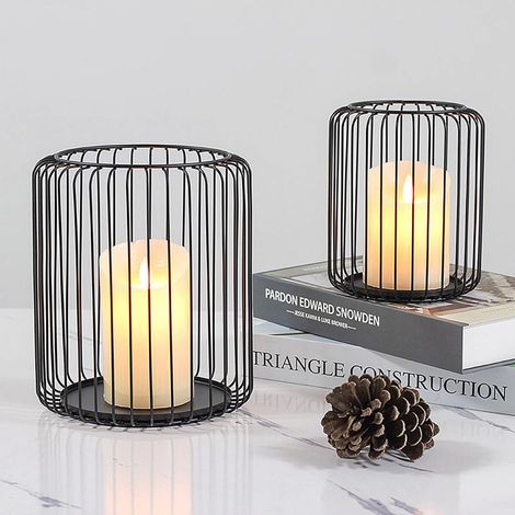 Kerzenständer, Oval Kerzenhalter 2er Set, Metall Laterne Kerzenständer, Kreativ Modern Eisen Kerzenleuchter für Wohnzimmer Schlafzimmer, Esstisch Deko Tischdeko - Schwarz 1
