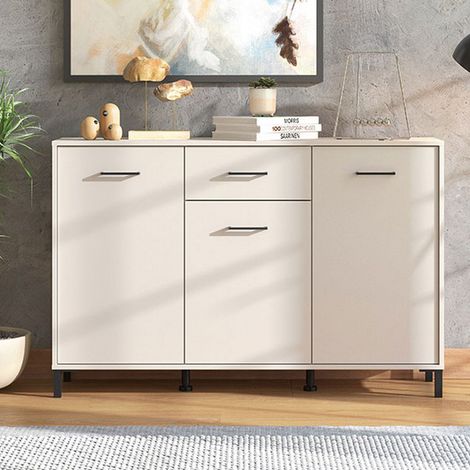 Laerru Sideboard, Kommode mit Schublade, 3 Regale, Schwenk- & Schiebetür, 138x40x90h cm Cremeweiß (1/5)