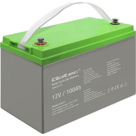 Batería de gel de ciclo profundo Qoltec, 12 V, 100 Ah, 30,5 kg, Sin mantenimiento, Fotovoltaica, SAI, autocaravana (1/5)