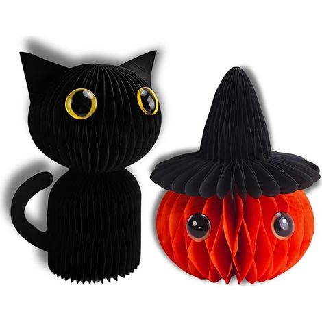Halloween Honeycomb Paper Table Decorations Black Cat Pumpkin with Witch Hat 6 Inch Table Decoration for Home Office Fireplace (1/5)
