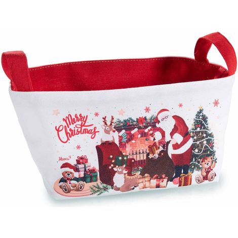 Cestini di Natale in stoffa con interno rosso, manici e decorazione natalizia e scritta Merry Christmas, set da 8 pezzi, cm 21 x 15 x 12 H