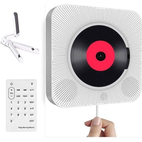 1 lecteur CD portable, Bluetooth et montage mural, haut-parleurs HiFi intégrés, boombox audio domestique, radio FM/USB/AUX, pour salon ou chambre
