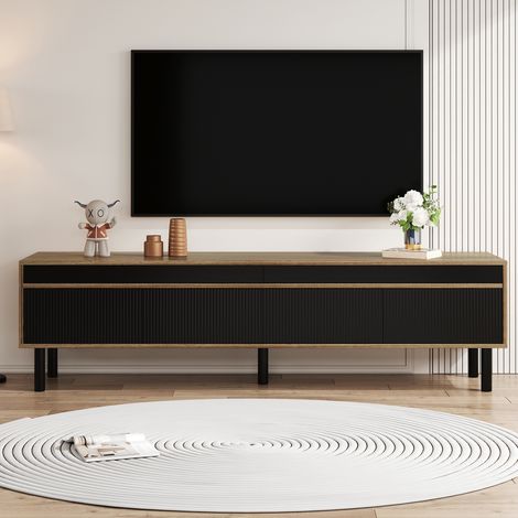 Meuble TV 170 x 38 x 47.7 cm, Banc TV de salon moderne avec 4 portes battantes, En bois MDF et pieds en bois massif, Noir (1/5)